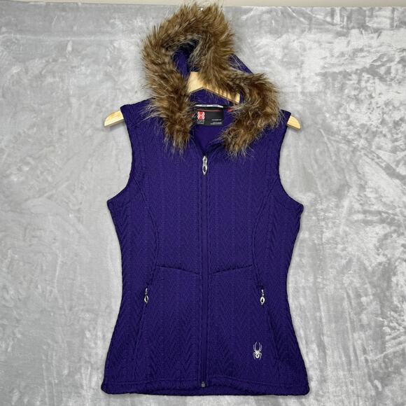 Spyder Vest Womens Medium Purple Core Sweater Faux Fur Hood Full Zip Pockets - Picture 1 of 11